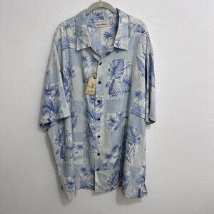 Caribbean Shirt Mens Sz 4XB Blue White Palm Leaves Silk Blend Hawaiian Button-Up